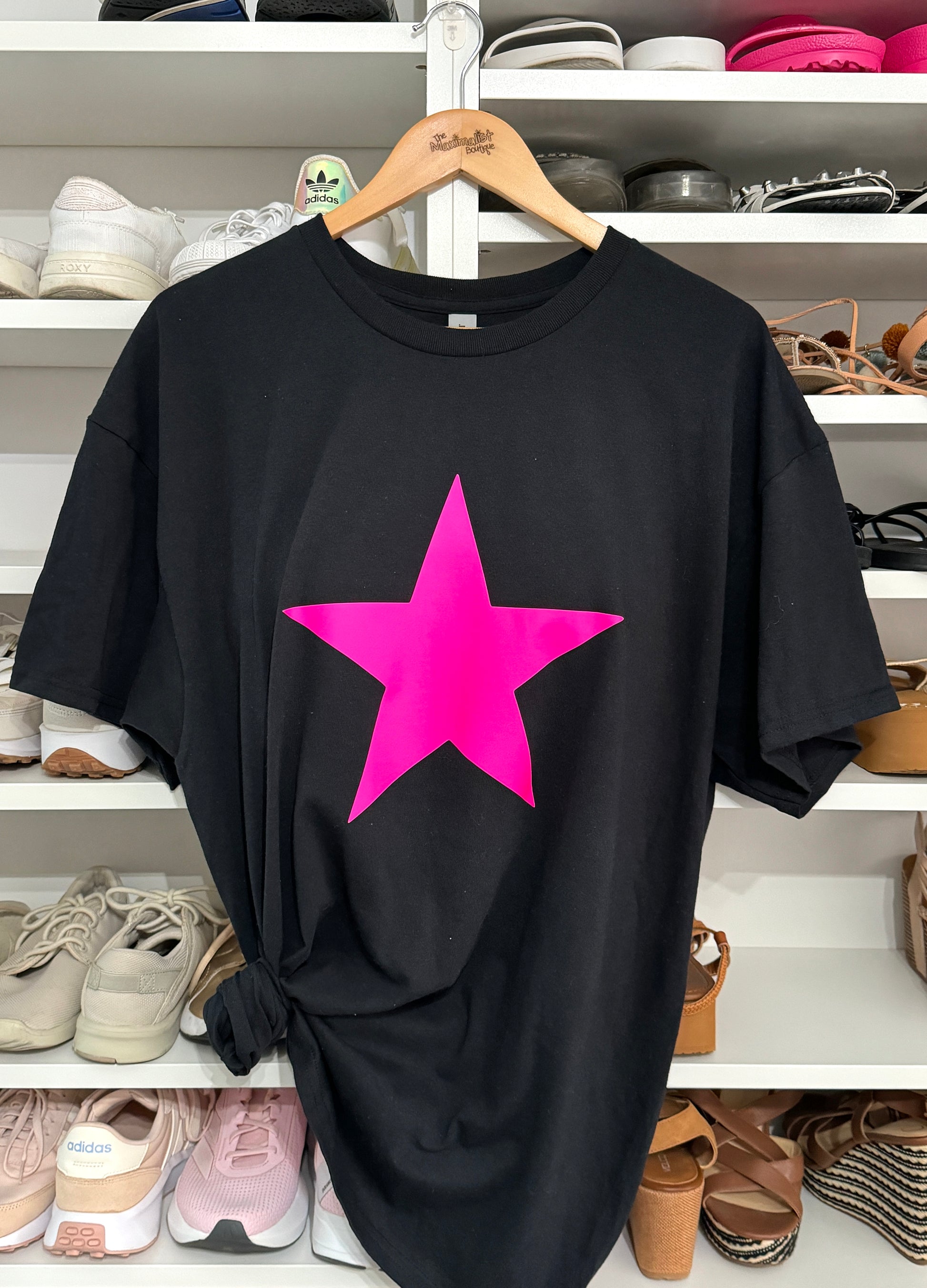 Glow Star Tee – Black T-Shirt with Neon Pink Glow-in-the-Dark Star Graphic