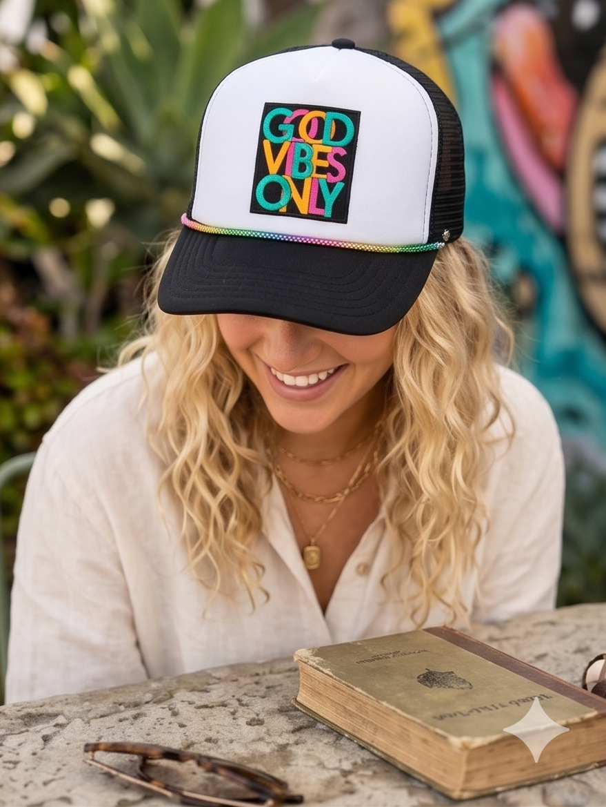 Person wearing a cap with 'Good Vibes Only' text, sitting outdoors with a book and sunglasses on a table.