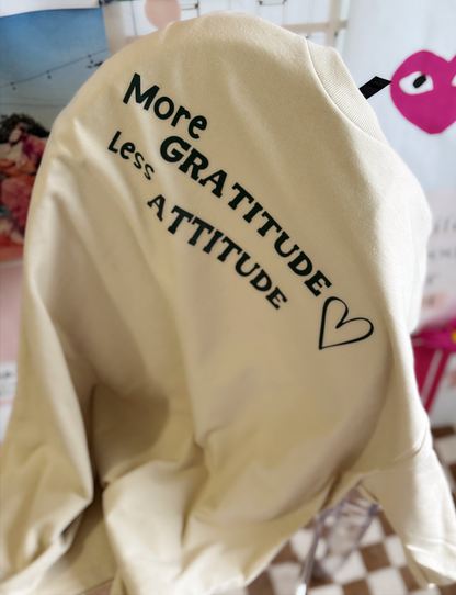 Grateful & Stylish | Sand-Colored Tee with "More Gratitude Less Attitude" Graphic