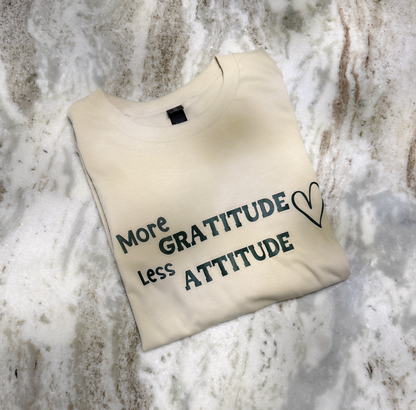 Grateful & Stylish | Sand-Colored Tee with "More Gratitude Less Attitude" Graphic