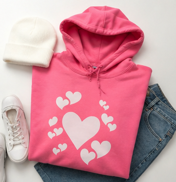 A folded bright pink hoodie with a white heart print, styled in a flat lay with a white beanie, white sneakers, and blue jeans on a light background.