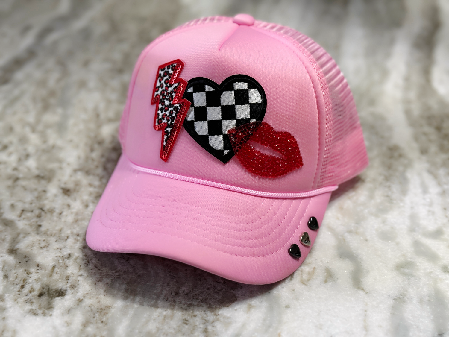 Heartbreaker Vibes Trucker Hat – Bold Pink with Fierce Patches & Rhinestone Lips