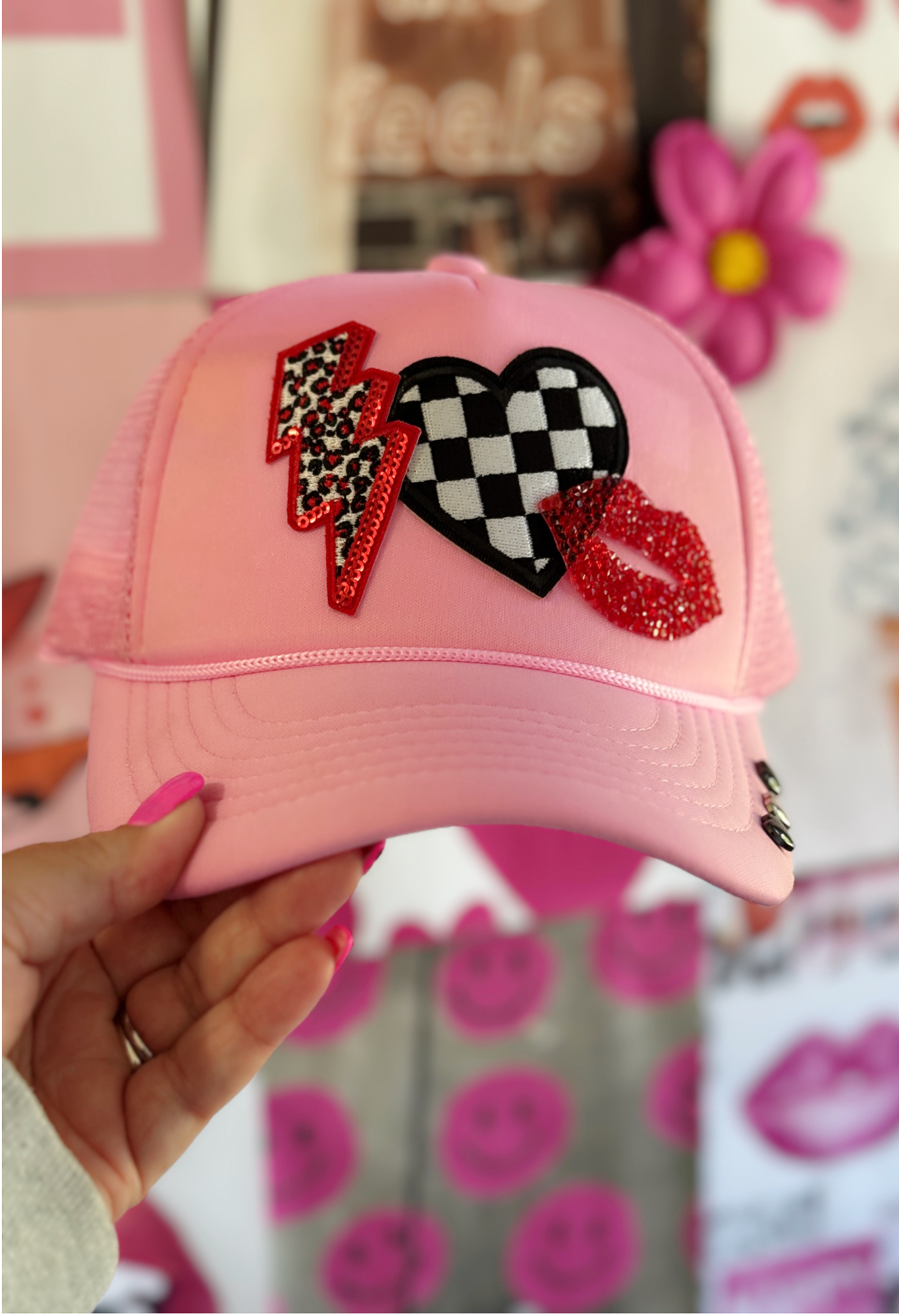 Heartbreaker Vibes Trucker Hat – Bold Pink with Fierce Patches & Rhinestone Lips