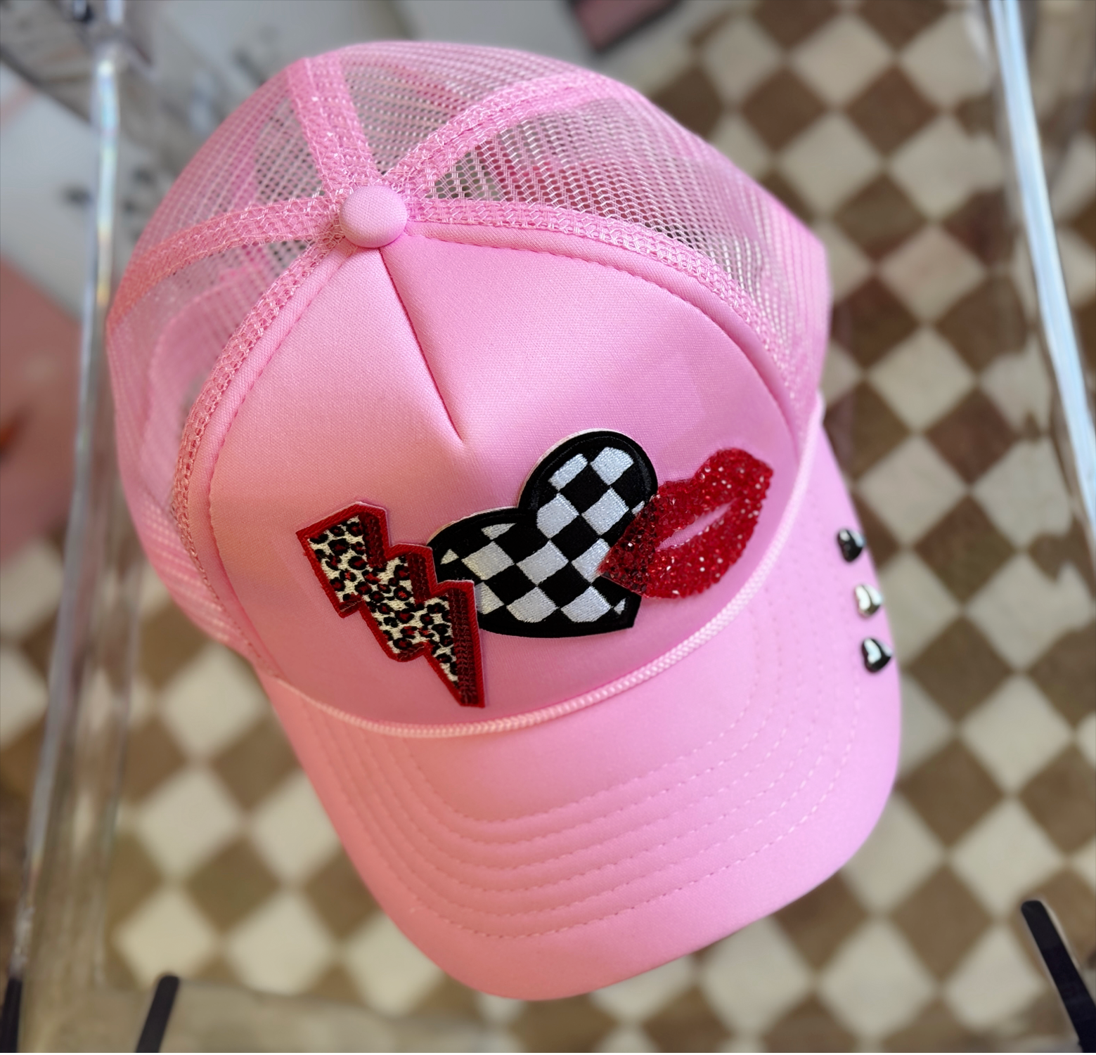 Heartbreaker Vibes Trucker Hat – Bold Pink with Fierce Patches & Rhinestone Lips