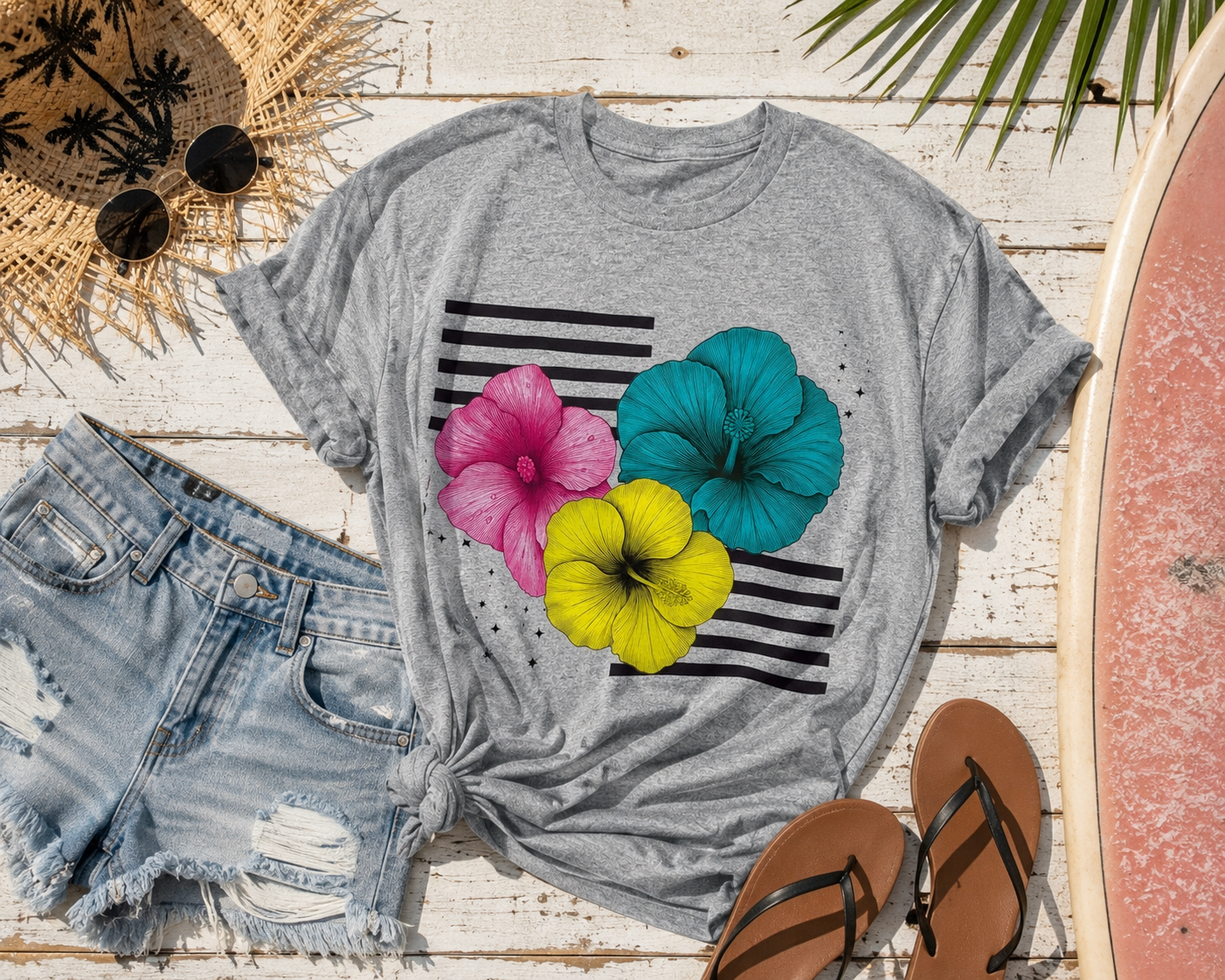A heather gray graphic t-shirt with three hibiscus flowers (pink, teal, and yellow) and black stripes, styled in a flat lay with denim shorts, sandals, sunglasses, and a straw hat on a white wood plank background.