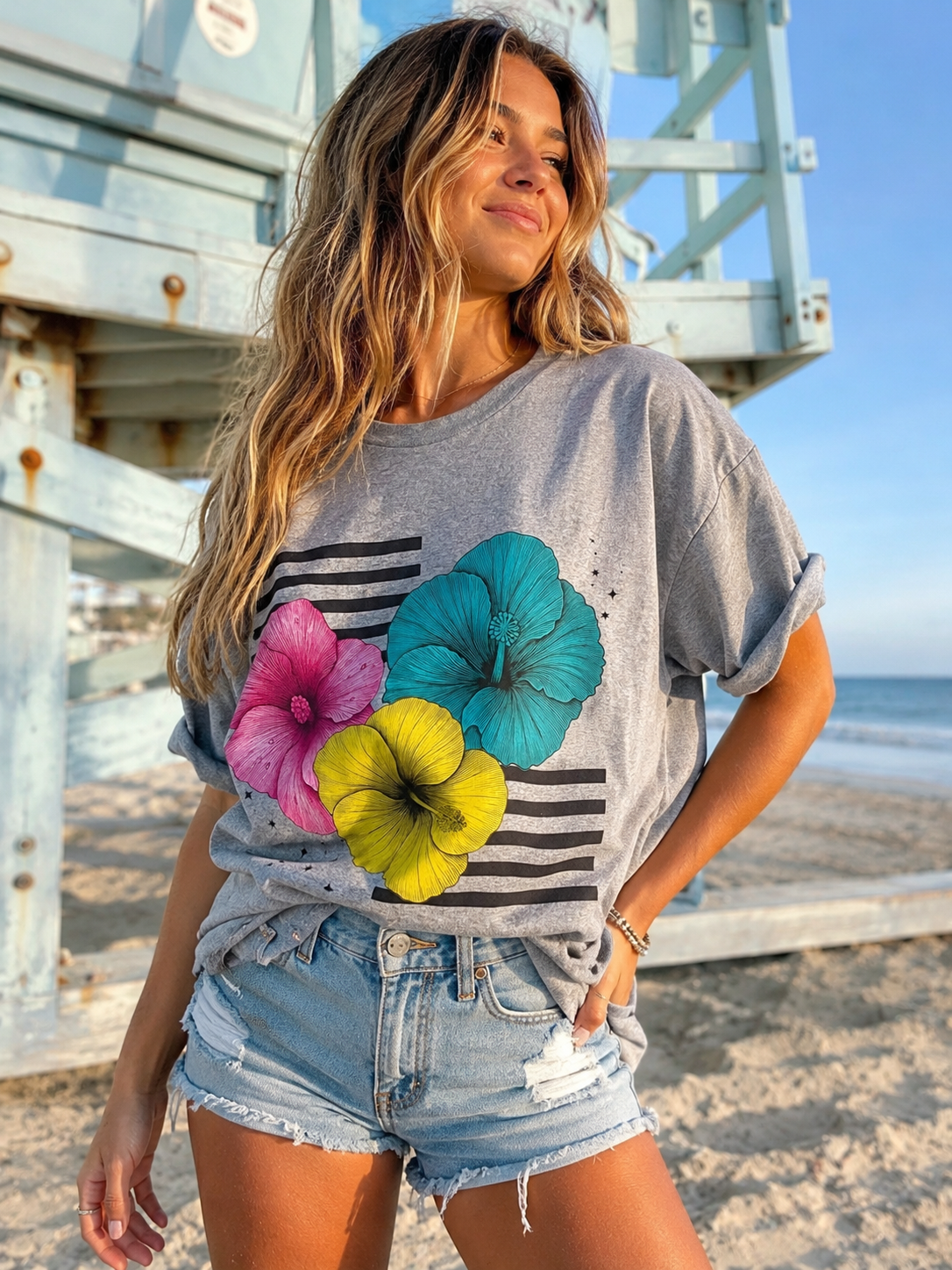 A woman standing on a beach in front of a wooden lifeguard tower, wearing a heather gray graphic t-shirt with a black stripe pattern and three large hibiscus flowers in pink, teal, and yellow, paired with light-wash denim shorts.