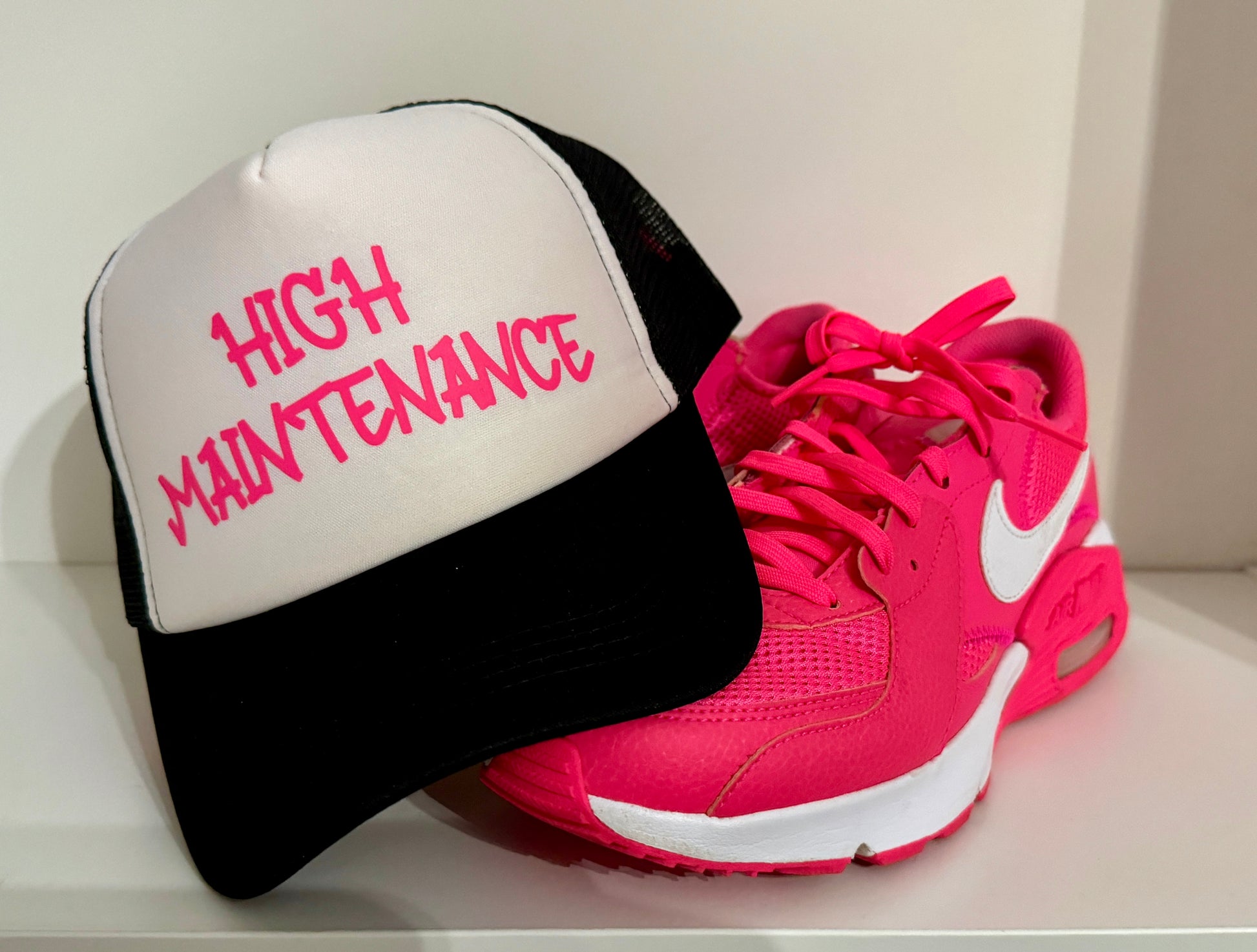 High_Maintenance_Trucker_Hat_Neon_Pink_Graphic_on_Black_and_White_