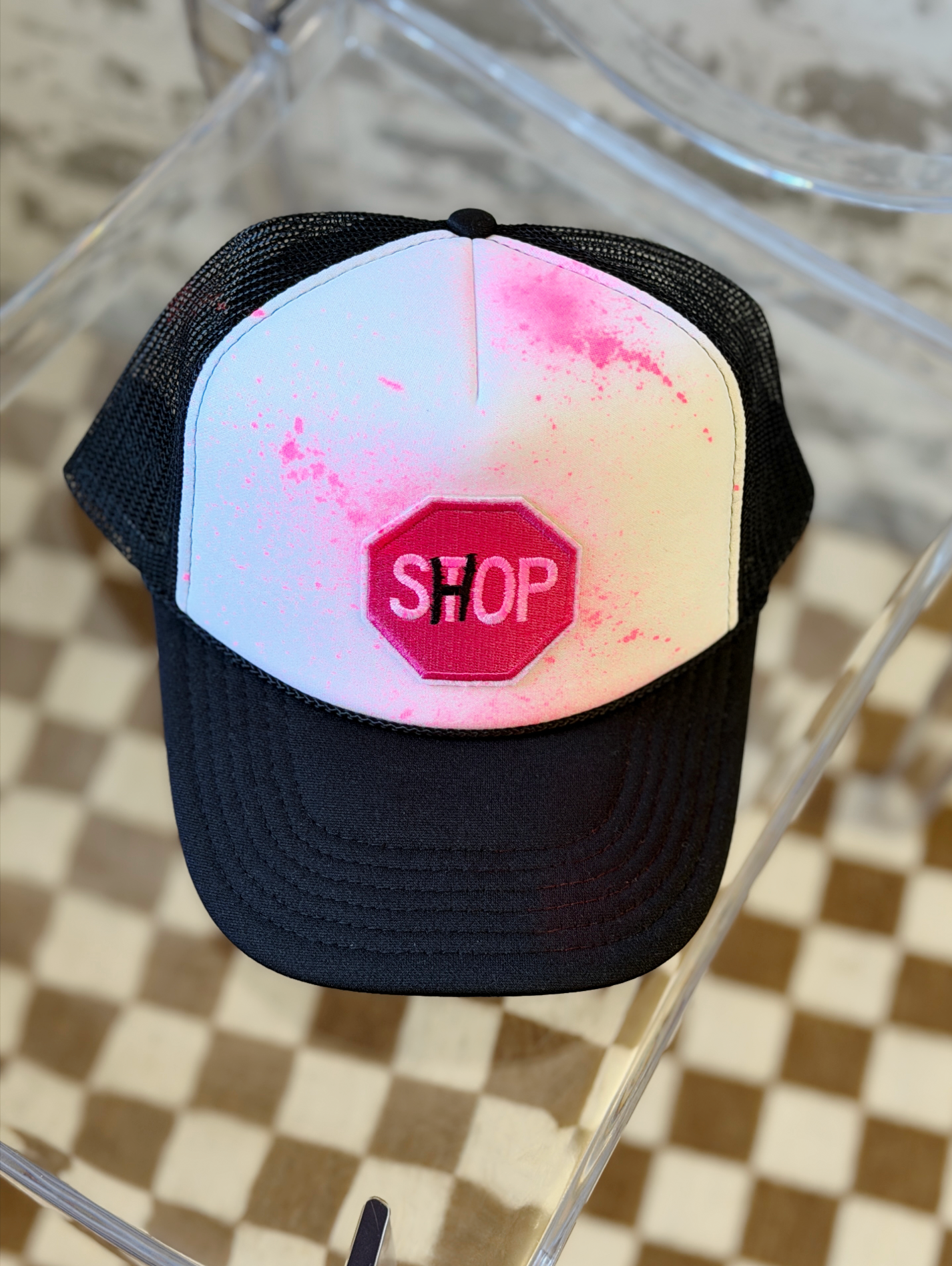 Just One More Stop Trucker Hat - Handpainted Shop Neon PInk