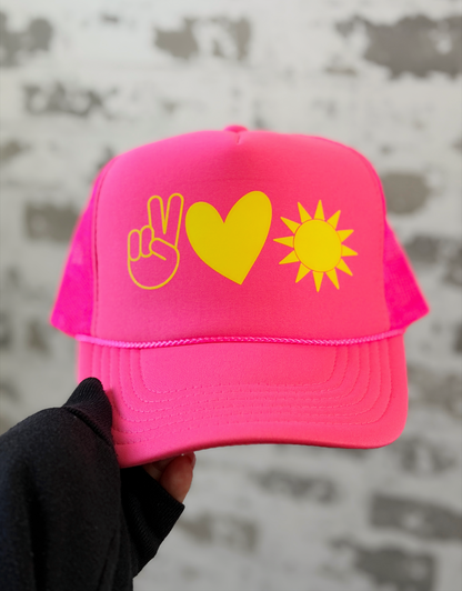 Peace Love Sunshine Trucker Hat | Neon Pink & Yellow Graphic Hat | Beach Vibes Hat