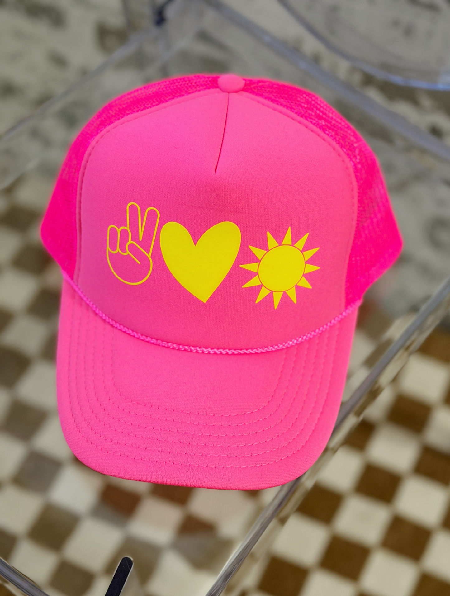 Peace Love Sunshine Trucker Hat | Neon Pink & Yellow Graphic Hat | Beach Vibes Hat