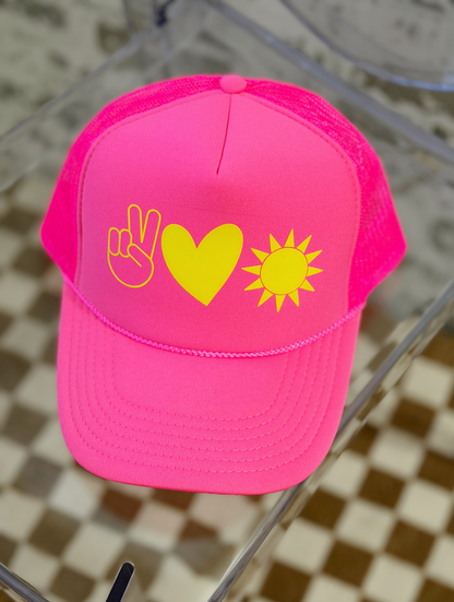 Peace Love Sunshine Trucker Hat | Neon Pink & Yellow Graphic Hat | Beach Vibes Hat