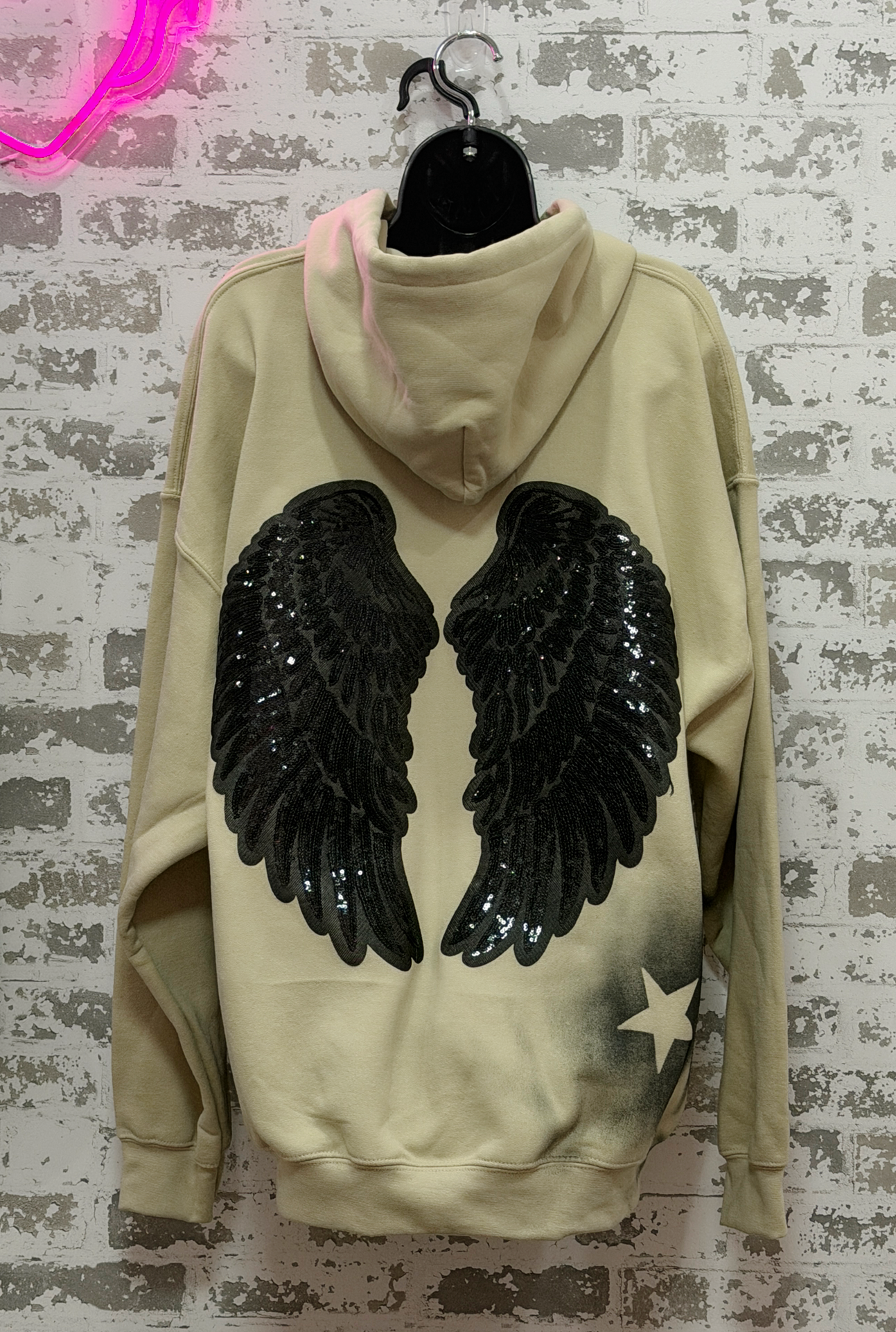 Fallen Angel Hoodie – Hand-Painted Black Wing & Star Mixed-Media Hoodie