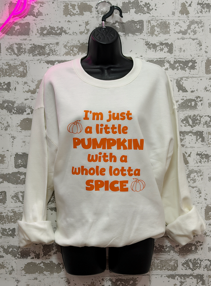 An off-white crewneck sweatshirt with orange text reading 'I'm just a little PUMPKIN with a whole lotta SPICE' and small pumpkin graphics, displayed on a black hanger/mannequin against a faux brick wall.