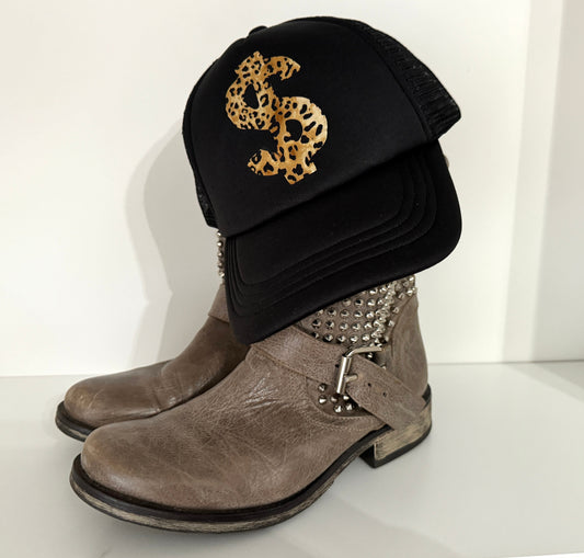Black hat with leopard print dollar sign