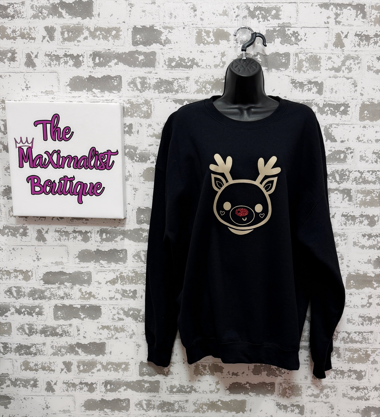 Rudolph Sweatshirt – Black Crewneck with Sparkling Red Nose for Festive Holiday Cheer