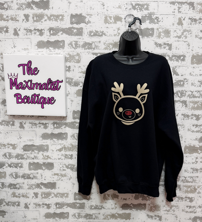 Rudolph Sweatshirt – Black Crewneck with Sparkling Red Nose for Festive Holiday Cheer