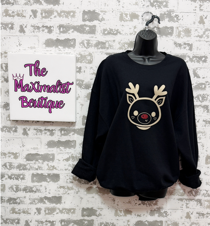 Rudolph Sweatshirt – Black Crewneck with Sparkling Red Nose for Festive Holiday Cheer