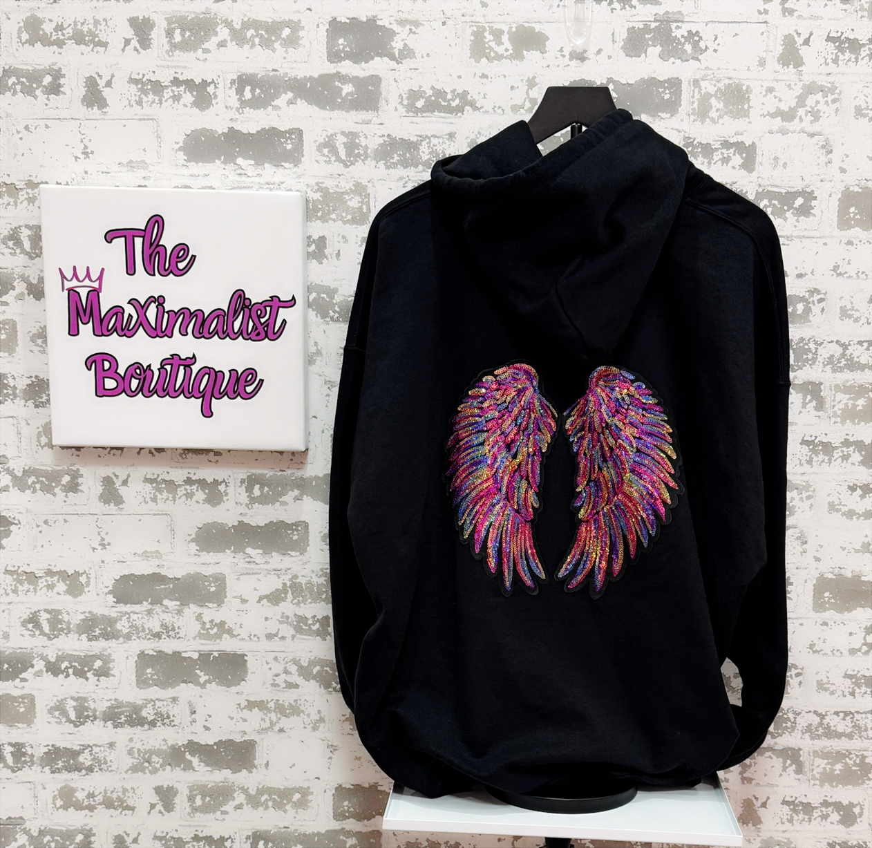 Celestial Glow Hoodie – Black Pullover with Multicolored Sequin Angel Wings Graphic