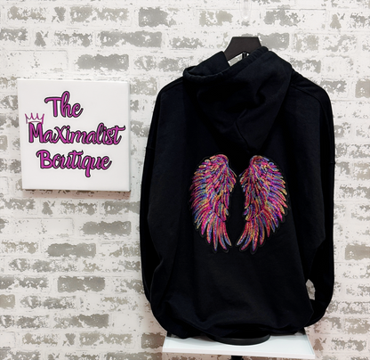 Celestial Glow Hoodie – Black Pullover with Multicolored Sequin Angel Wings Graphic