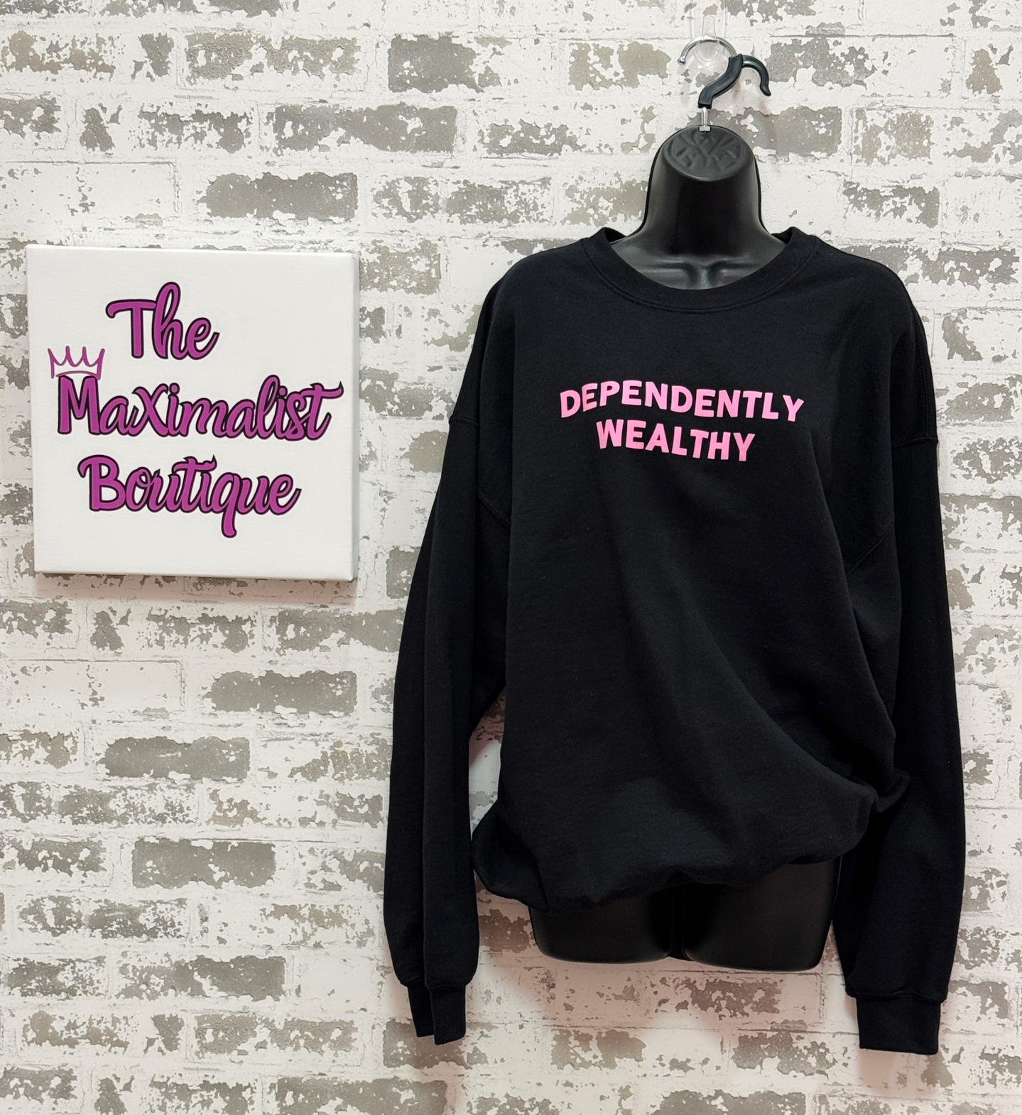 Dependently Wealthy Sweatshirt – Black Pullover with Pink Graphic Text