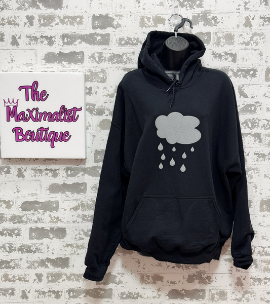 Rainy Days Hoodie – Black Pullover with Gray Rain Cloud Graphic for Cozy, Calm Style