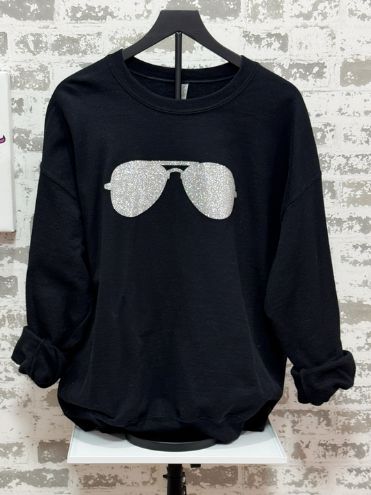 The Shady Sweatshirt – Black Pullover with Glitter Aviator Sunglasses Graphic for Bold Urban Style