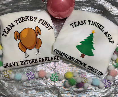 Holiday Personality Sweatshirts – Limited-Edition White Pullovers for Team Turkey & Team Tinsel