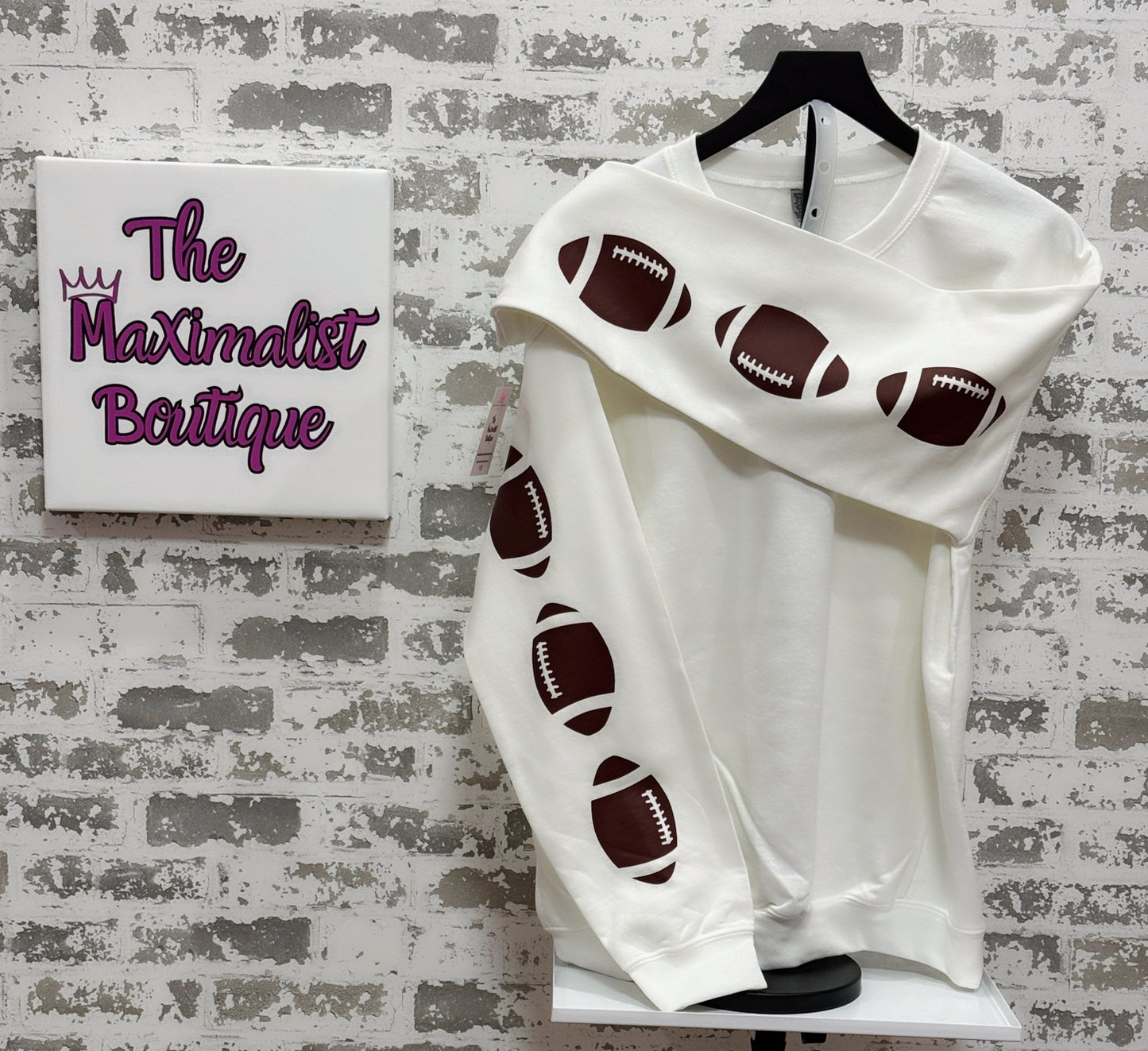 Throwing Spirals Sweatshirt – White Pullover with Football Sleeve Graphics for Game Day Style