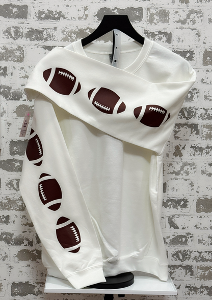 Throwing Spirals Sweatshirt – White Pullover with Football Sleeve Graphics for Game Day Style