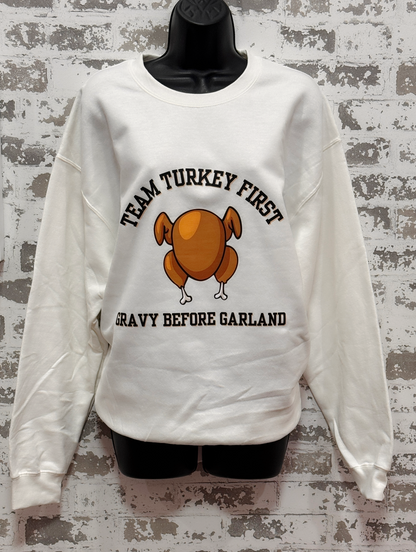 Holiday Personality Sweatshirts – Limited-Edition White Pullovers for Team Turkey & Team Tinsel