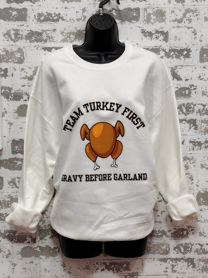 Holiday Personality Sweatshirts – Limited-Edition White Pullovers for Team Turkey & Team Tinsel