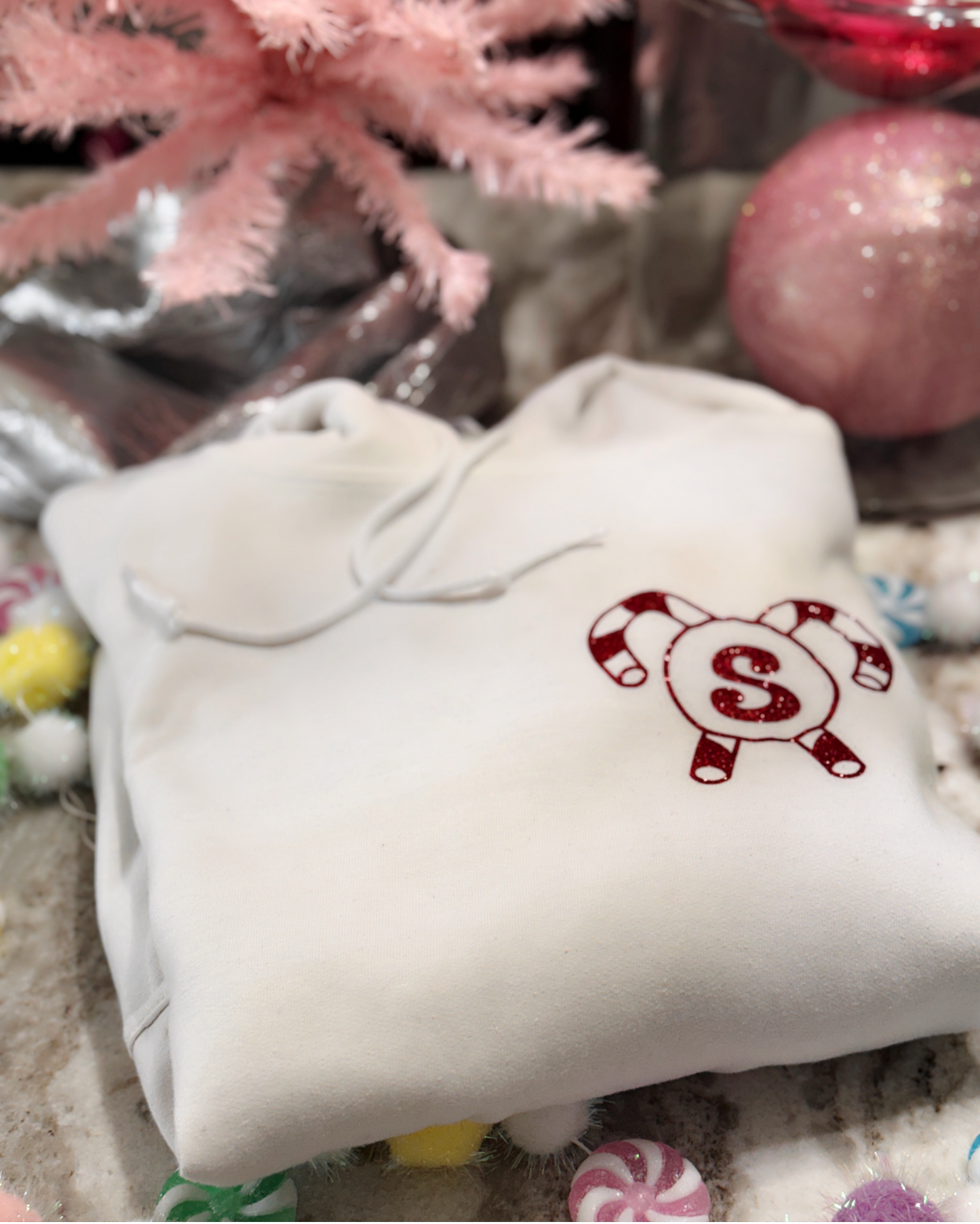 Candy Cane Lane Monogrammed Hoodie – White or Black Pullover with Glitter Monogram & Candy Cane Graphic