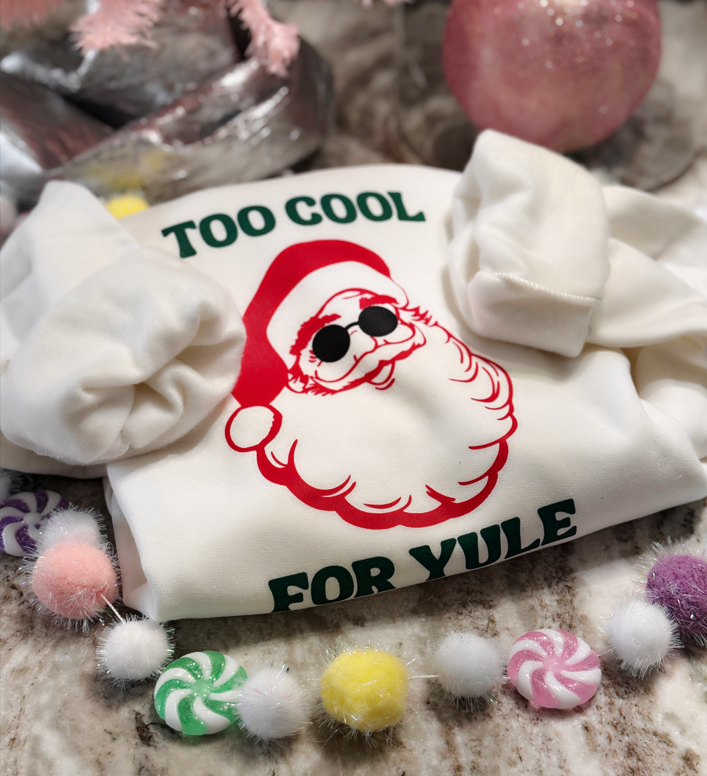 Too Cool for Yule Santa Hoodie – White Holiday Hoodie with Red & Green Graphic