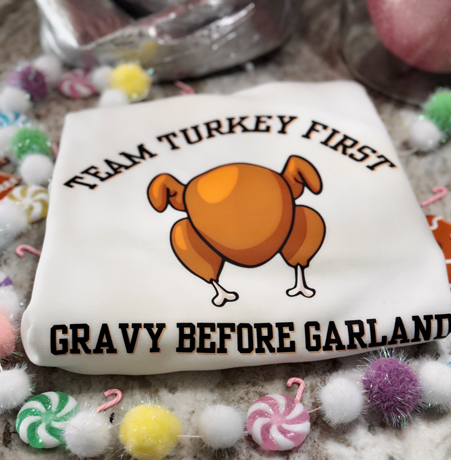 Holiday Personality Sweatshirts – Limited-Edition White Pullovers for Team Turkey & Team Tinsel