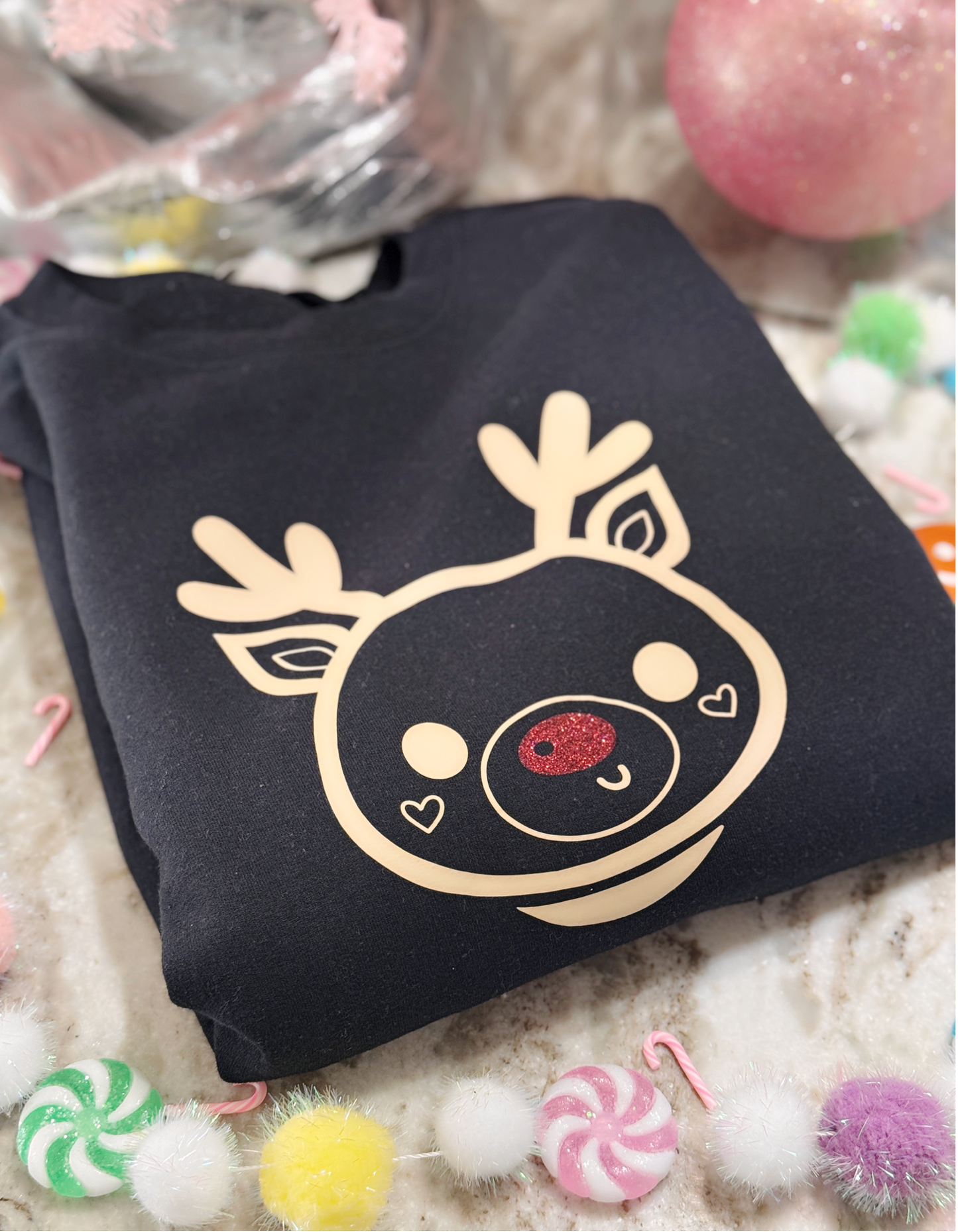 Rudolph Sweatshirt – Black Crewneck with Sparkling Red Nose for Festive Holiday Cheer
