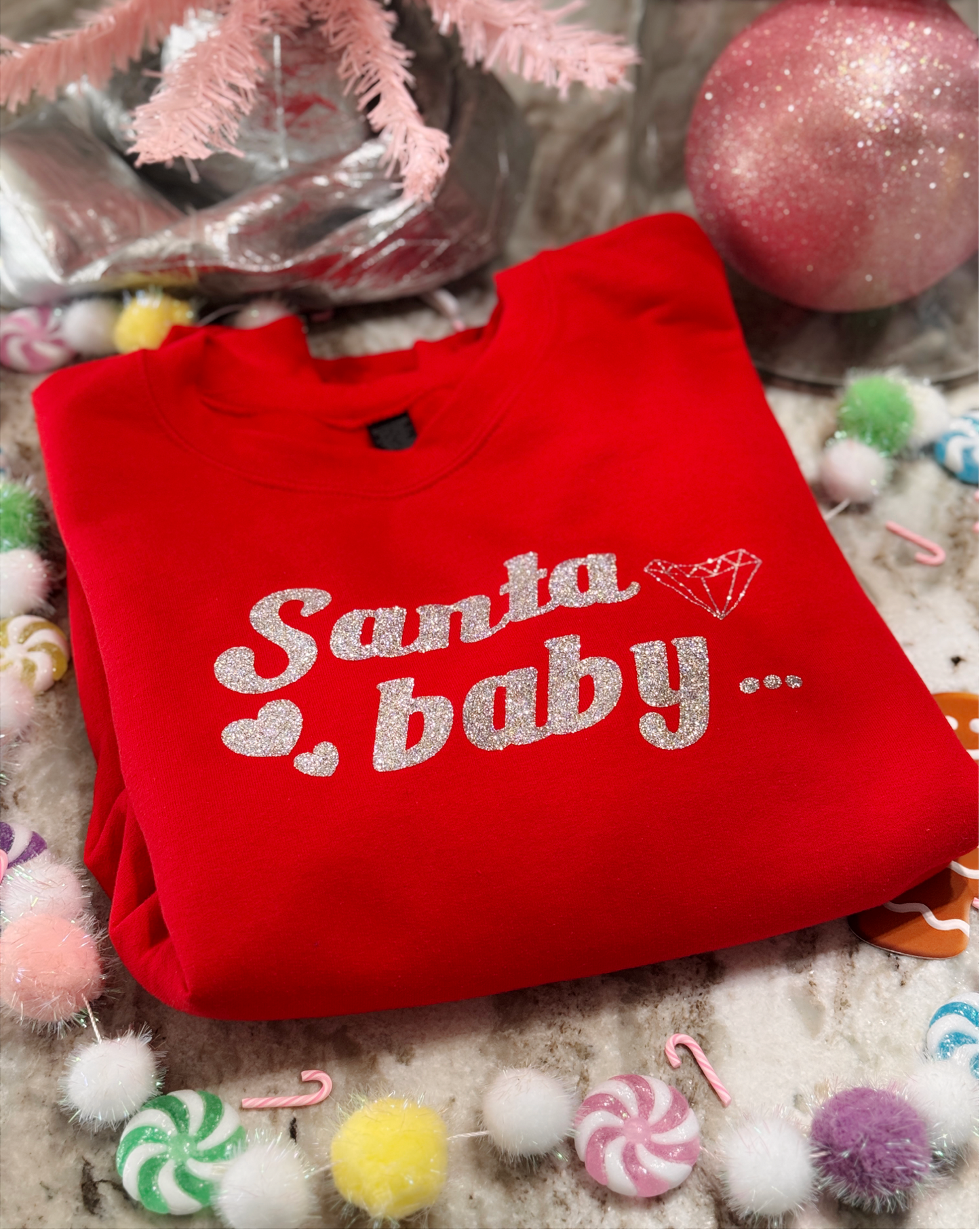 Santa Baby Sweatshirt – Bright Red Pullover with Silver Glitter Holiday Graphic