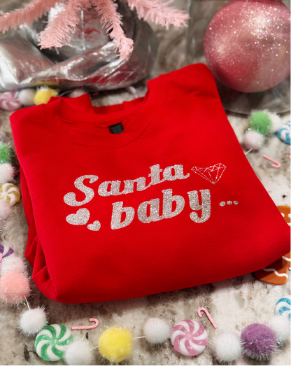 Santa Baby Sweatshirt – Bright Red Pullover with Silver Glitter Holiday Graphic