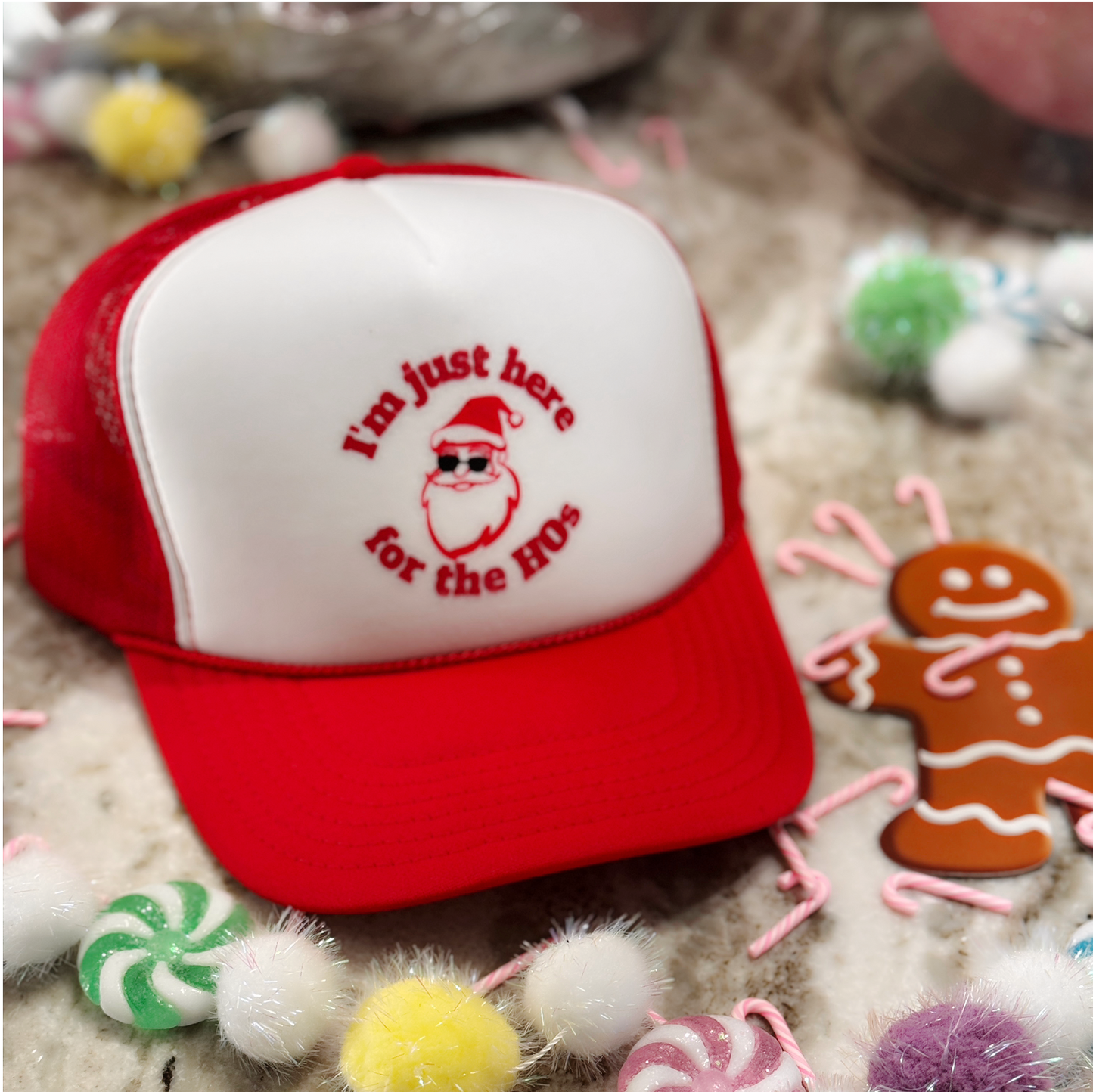 “I’m Just Here for the HOs” Trucker Hat – Bold Santa Cap for Playful Holiday Style