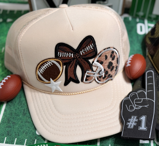 Gameday Glam Trucker Hat – Sand Hat with Leopard Helmet & Football Patch