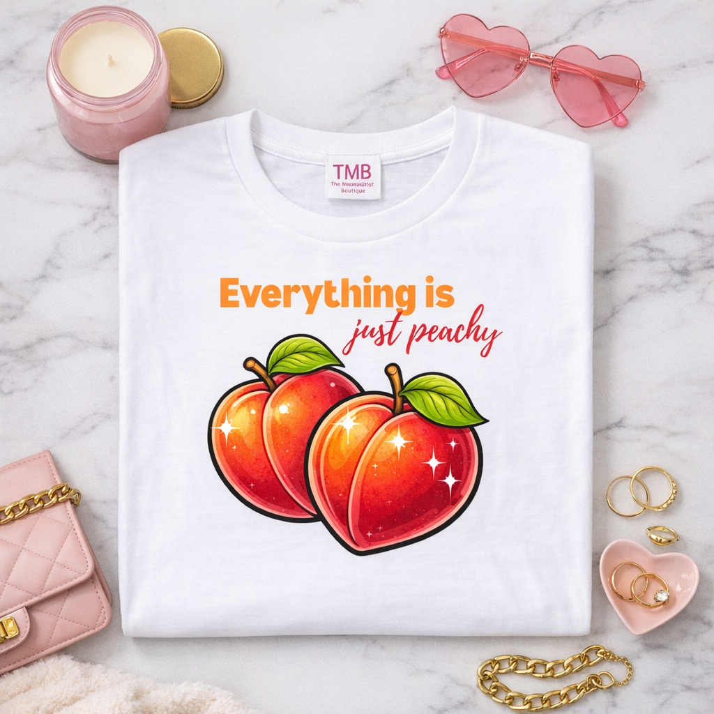 White t-shirt with peach design and text on a marble surface with accessories.