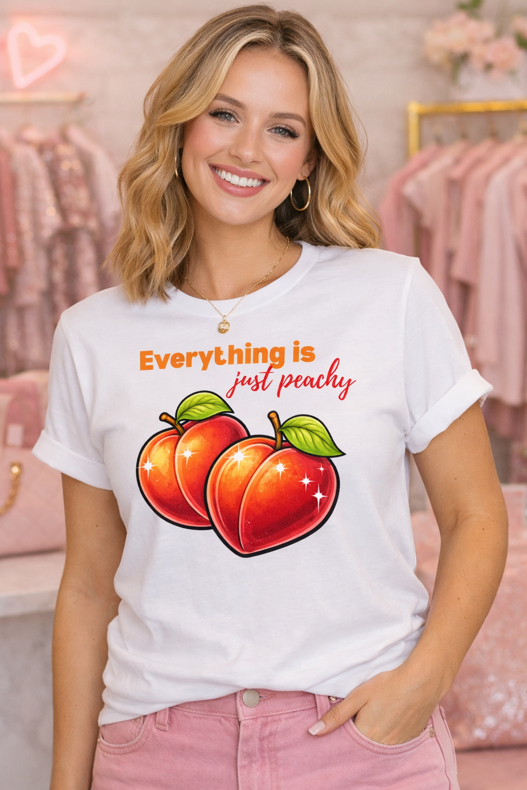 Woman wearing a white t-shirt with peach graphics and text in a store setting