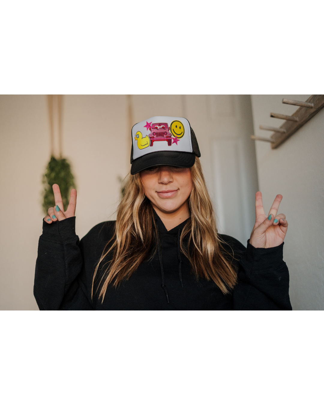 Jeep Happy Trucker Hat – Black & White Cap with Playful Patches for Road Trip Vibes