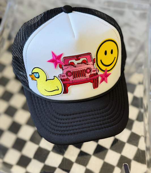 Jeep Happy Trucker Hat – Black & White with Fun Patches