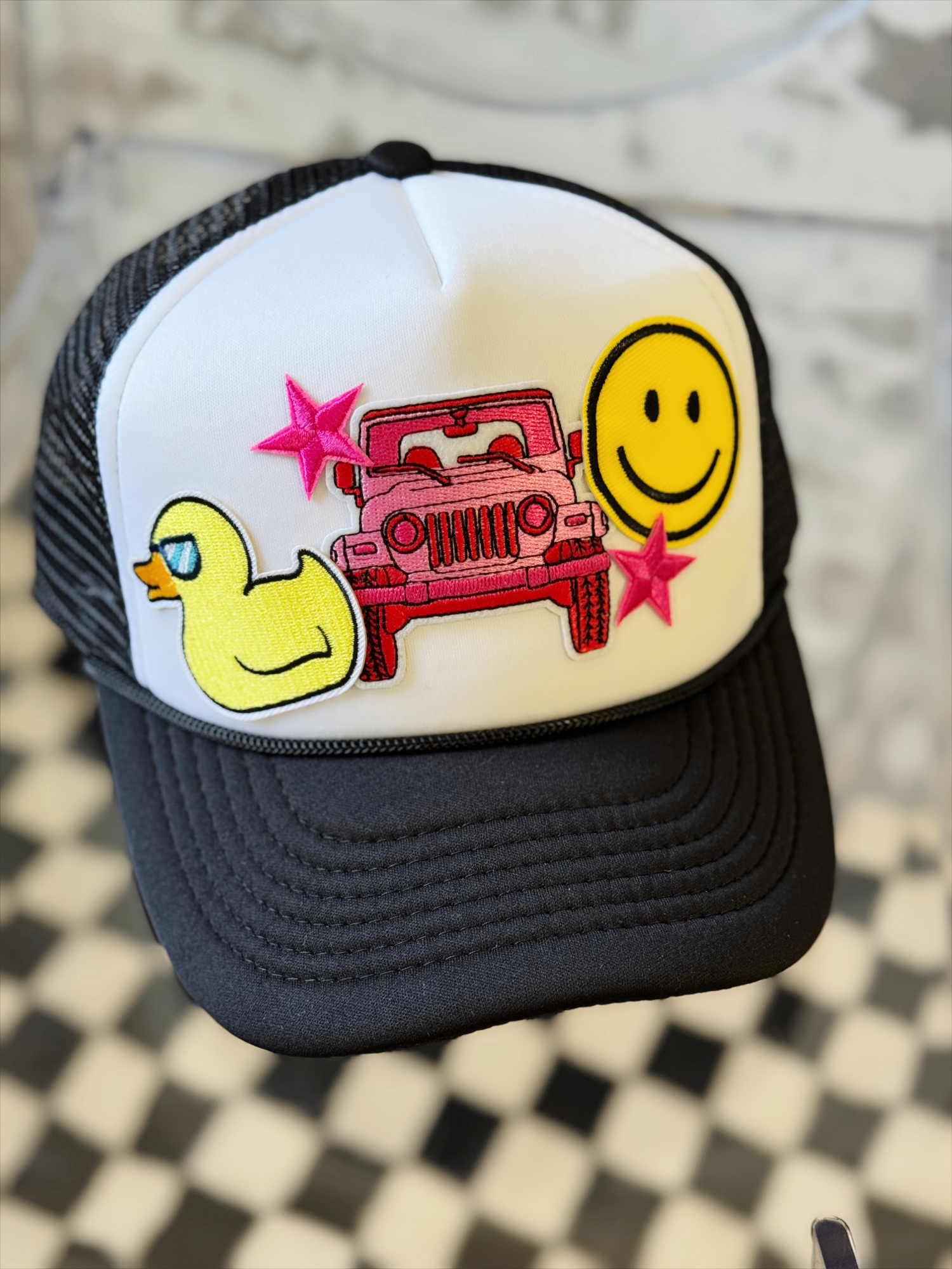 Jeep Happy Trucker Hat – Black & White with Fun Patches