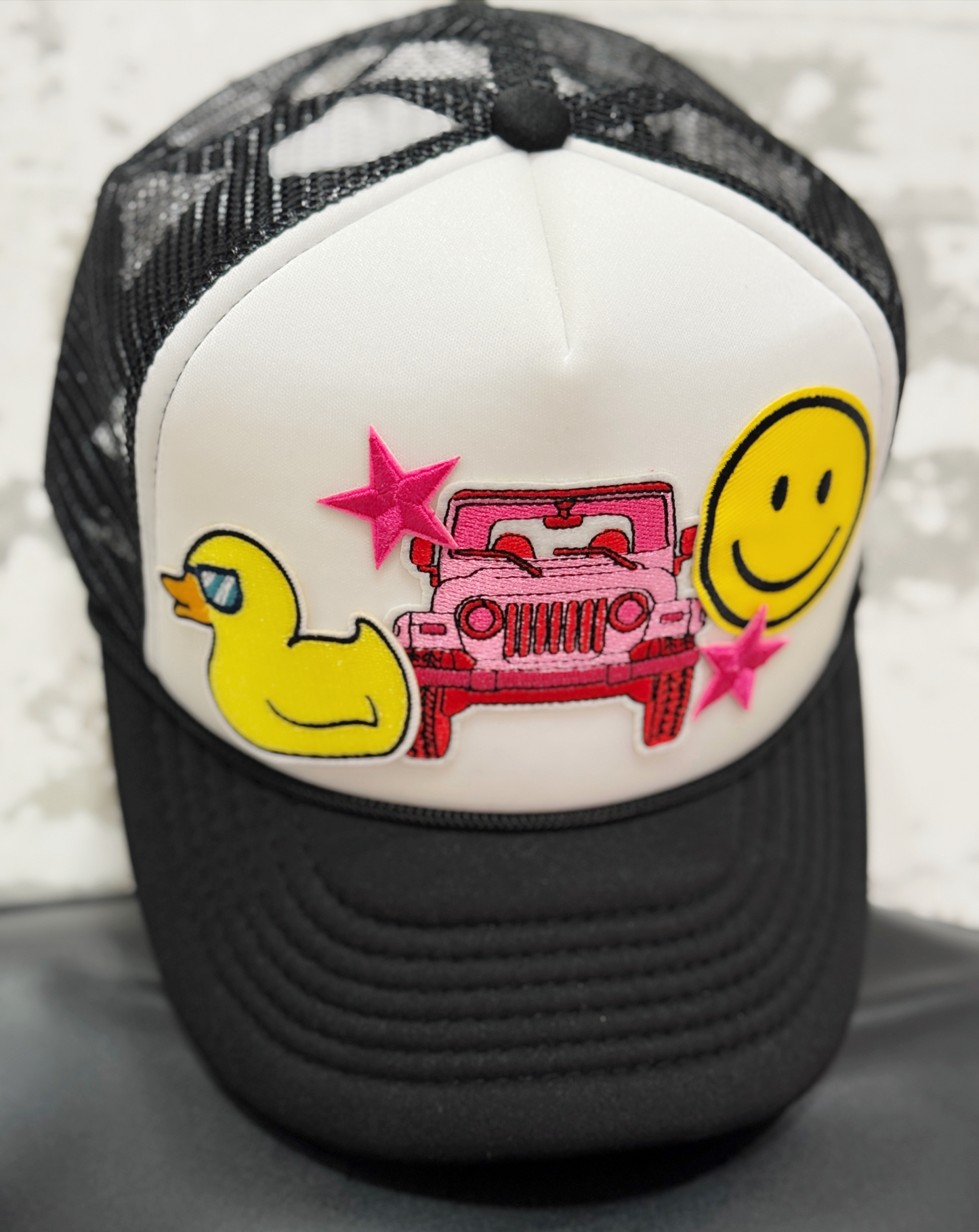 Jeep Happy Trucker Hat – Black & White with Fun Patches