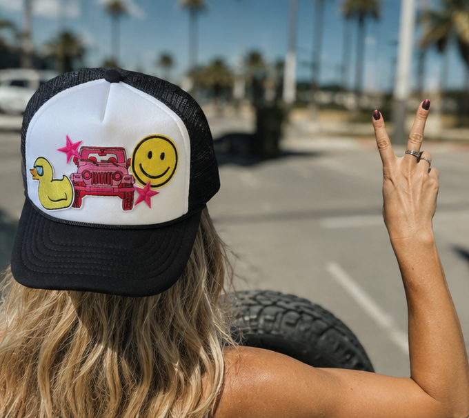 Jeep Happy Trucker Hat – Black & White Cap with Playful Patches for Road Trip Vibes
