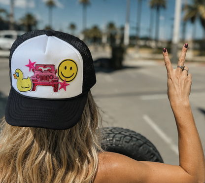 Jeep Happy Trucker Hat – Black & White Cap with Playful Patches for Road Trip Vibes