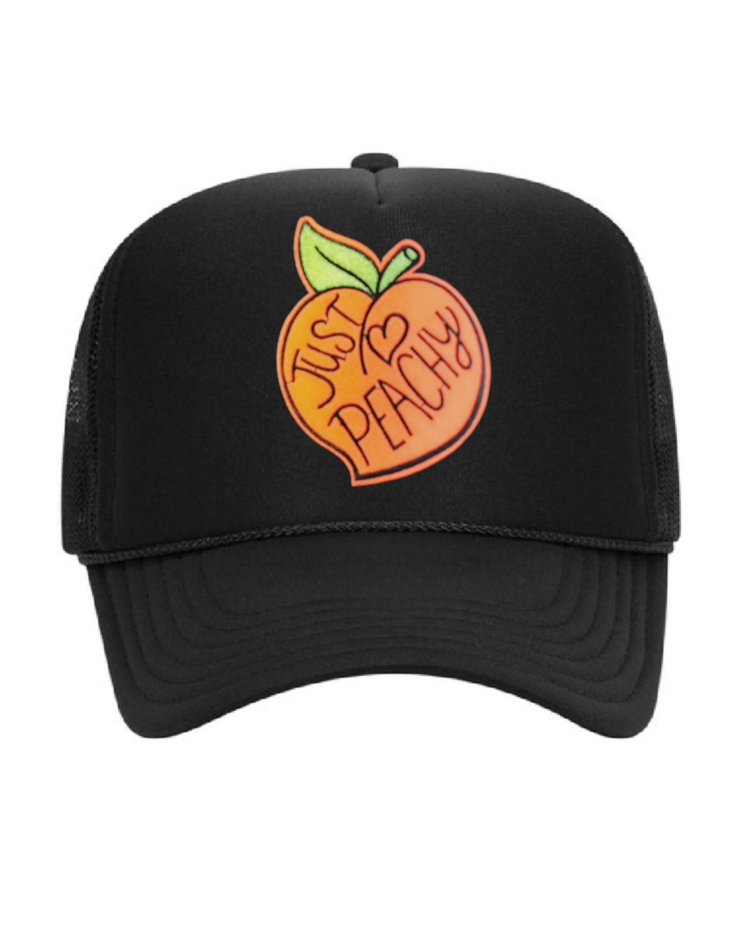 Black cap with peach graphic and 'Just Peachy' text on a white background