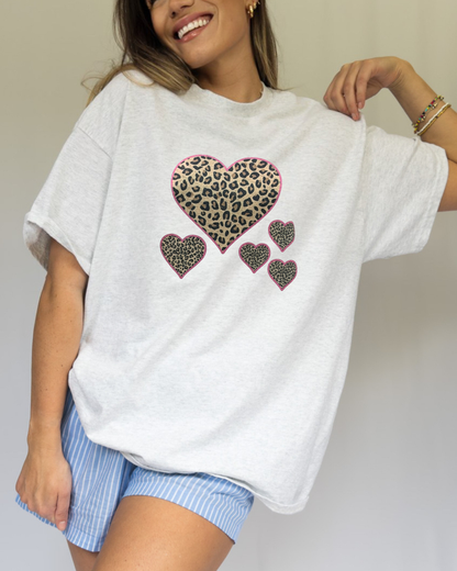 Gray tee with leopard heart graphic on model