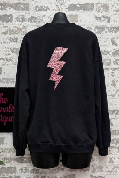 Leopard Lightning Sweatshirt – Black Pullover with Neon Pink & Animal Print Bolt